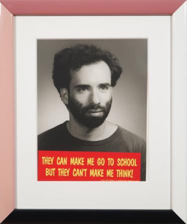 Cary Leibowitz, Bumper Sticker Self-Portrait (They Can Make Me Got to School but They...), 1990, collage, 22 x 18 in.